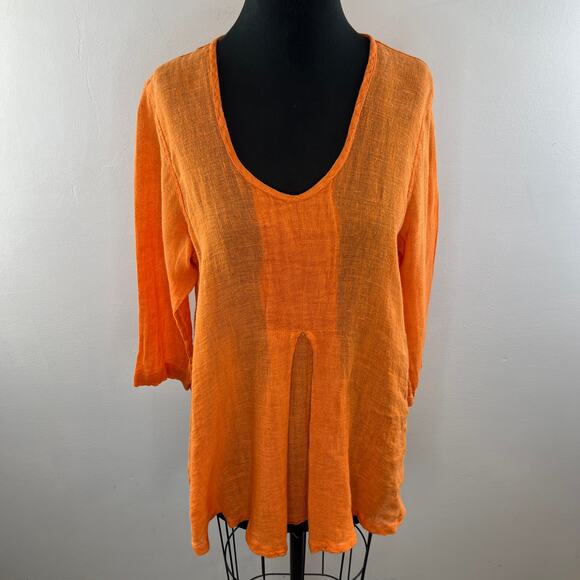 FLAX Orange Tunic Top Linen Scoop Neck Inverted Pleat 3/4 Sleeve Size S Small - Picture 2 of 10